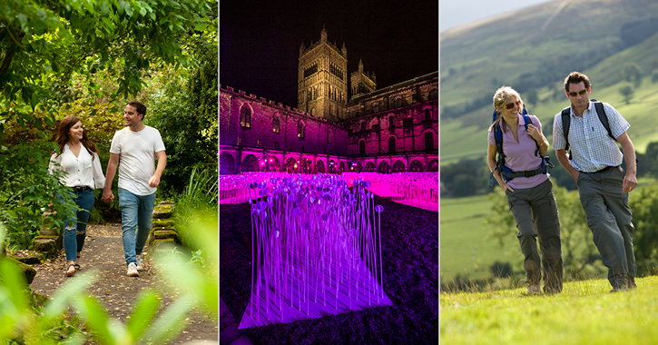 left to right - couple walking in botanic garden, Durham Cathedral during Lumiere light Festival and couple walking in Durham Dales